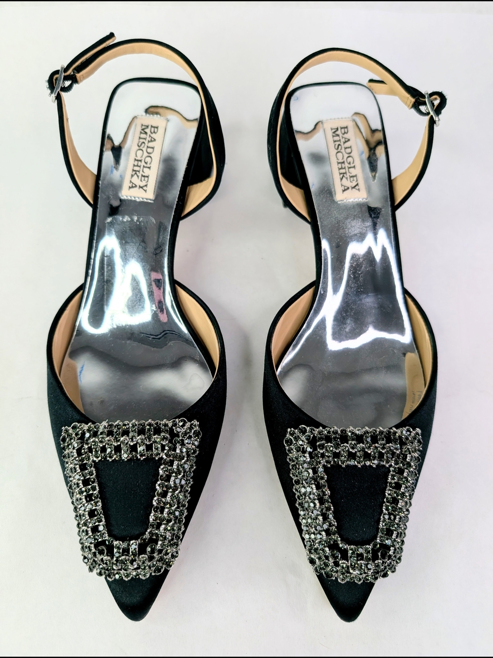Badgley Mischka Black Satin Pointed Slingback Square Heels Crystal Buckle 7.5 - Picture 5 of 9